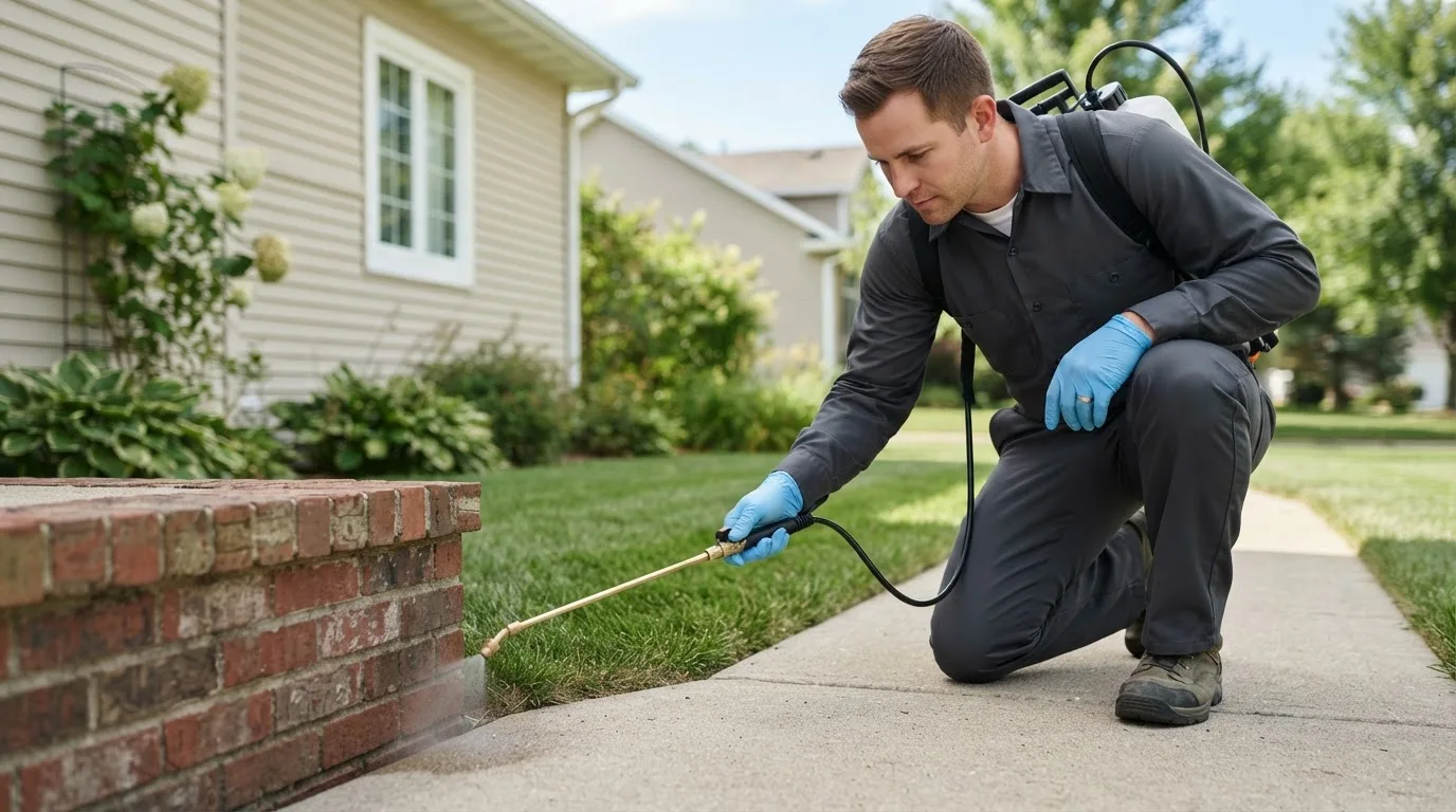 Pest control technician treating a home near Union, NH